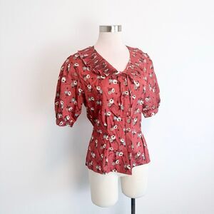 Vintage VTG 70s Panther Red Ruffle Floral Pastel Blouse Scallop Pleated Medium